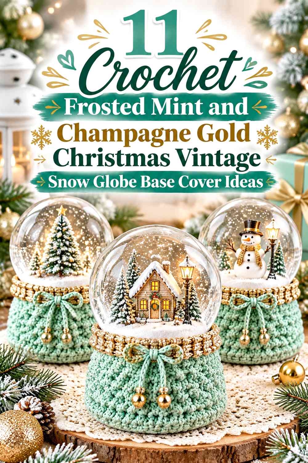 Crochet Frosted Mint and Champagne Gold Christmas Vintage Snow Globe Base Cover Ideas