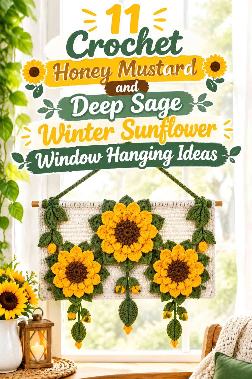 Crochet Honey Mustard and Deep Sage Winter Sunflower Window Hanging Ideas