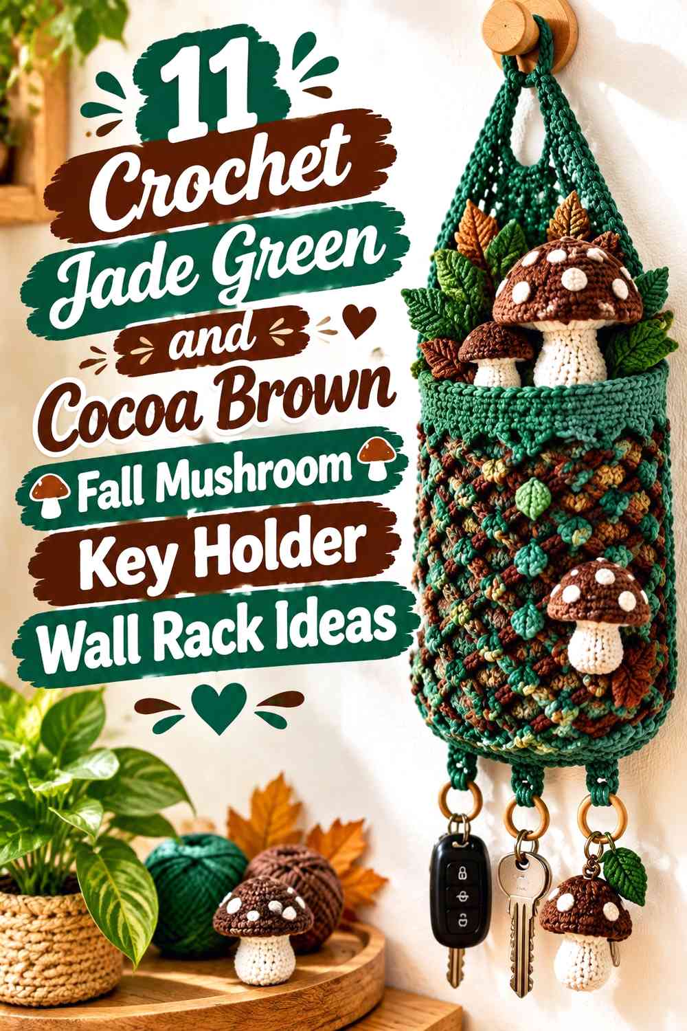 Crochet Jade Green and Cocoa Brown Fall Mushroom Key Holder Wall Rack Ideas