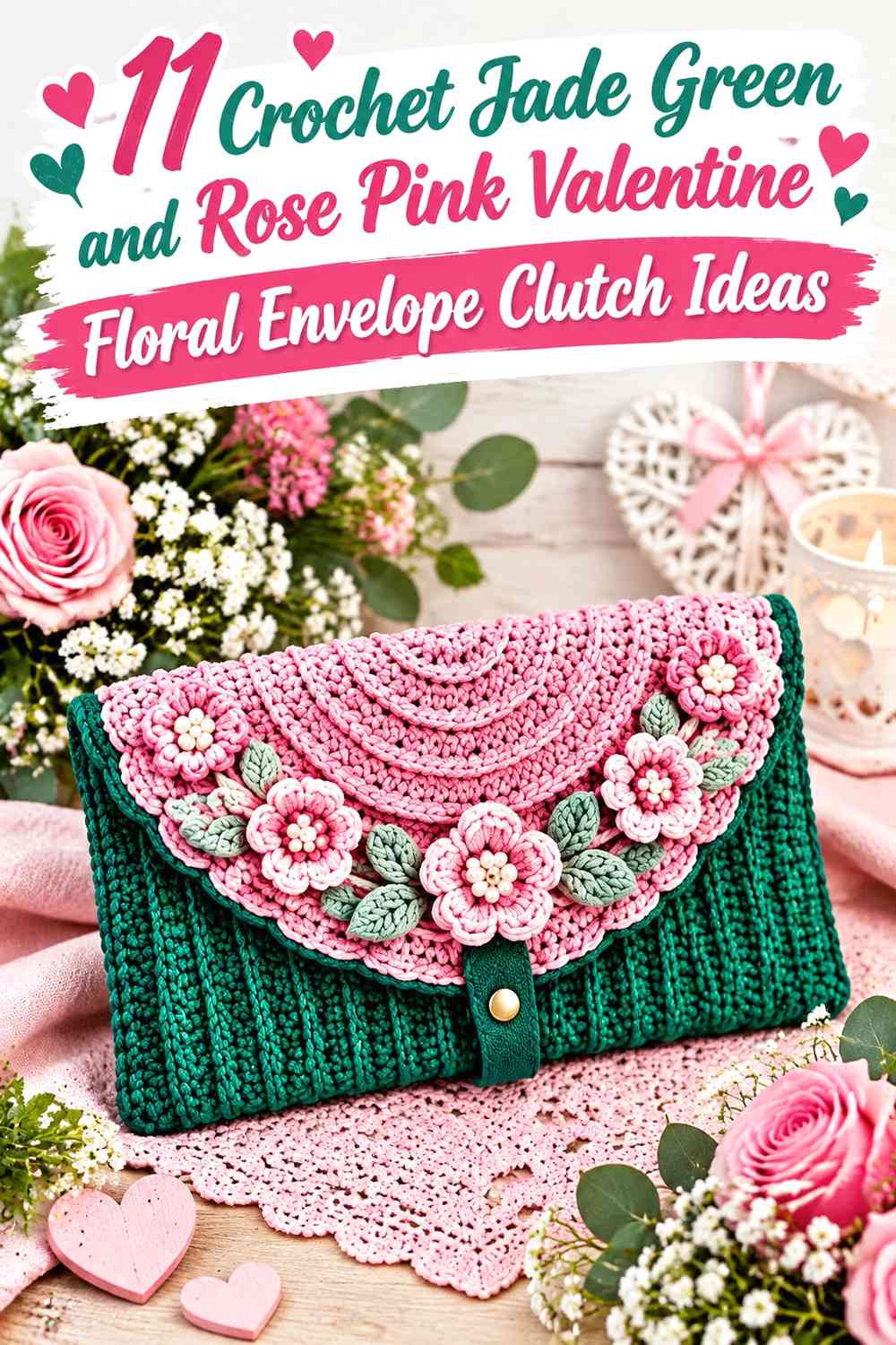 Crochet Jade Green and Rose Pink Valentine Floral Envelope Clutch Ideas