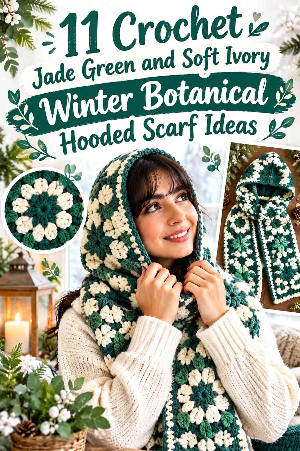Crochet Jade Green and Soft Ivory Winter Botanical Hooded Scarf Ideas