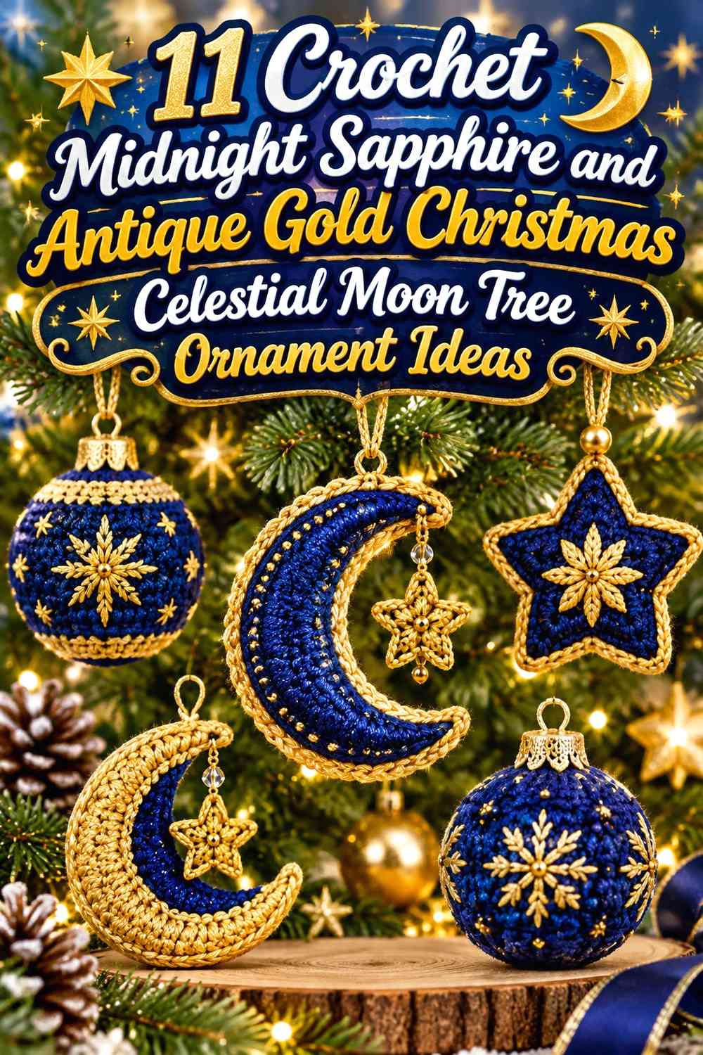 Crochet Midnight Sapphire and Antique Gold Christmas Celestial Moon Tree Ornament Ideas