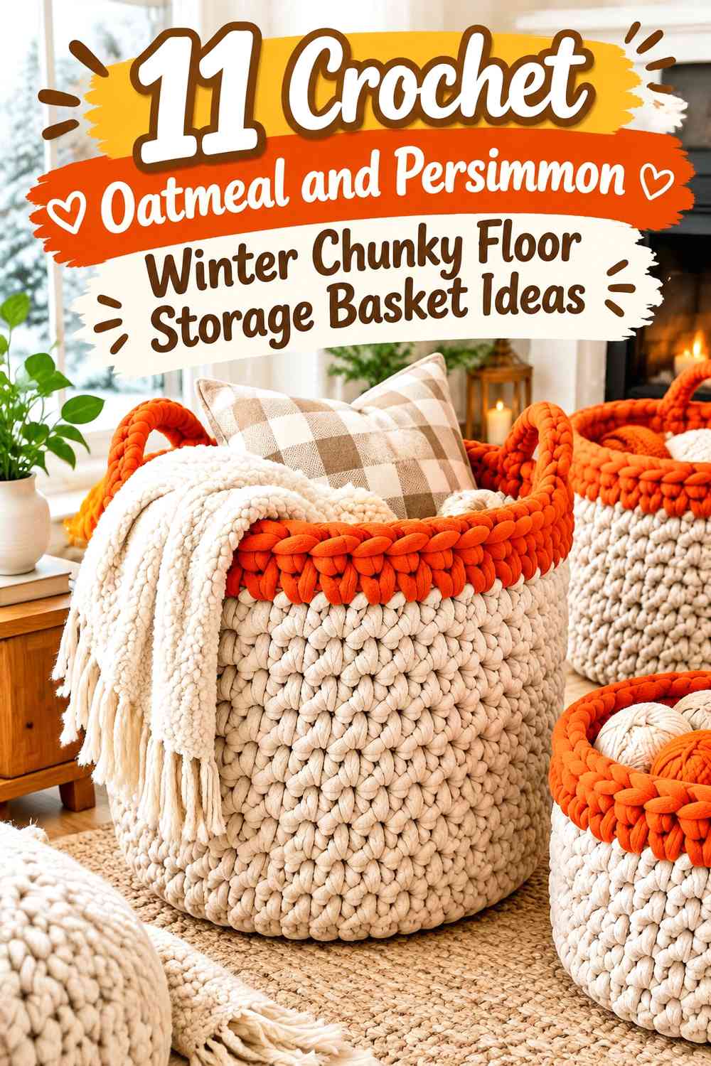 Crochet Oatmeal and Persimmon Winter Chunky Floor Storage Basket Ideas