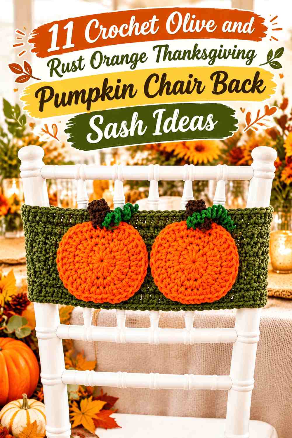 Crochet Olive and Rust Orange Thanksgiving Pumpkin Chair Back Sash Ideas