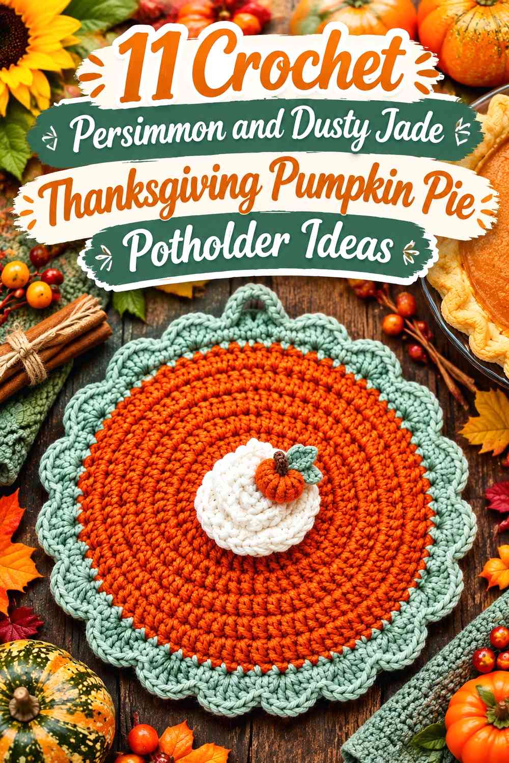 Crochet Persimmon and Dusty Jade Thanksgiving Pumpkin Pie Potholder Ideas