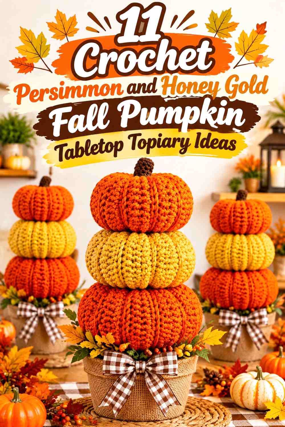 Crochet Persimmon and Honey Gold Fall Pumpkin Tabletop Topiary Ideas