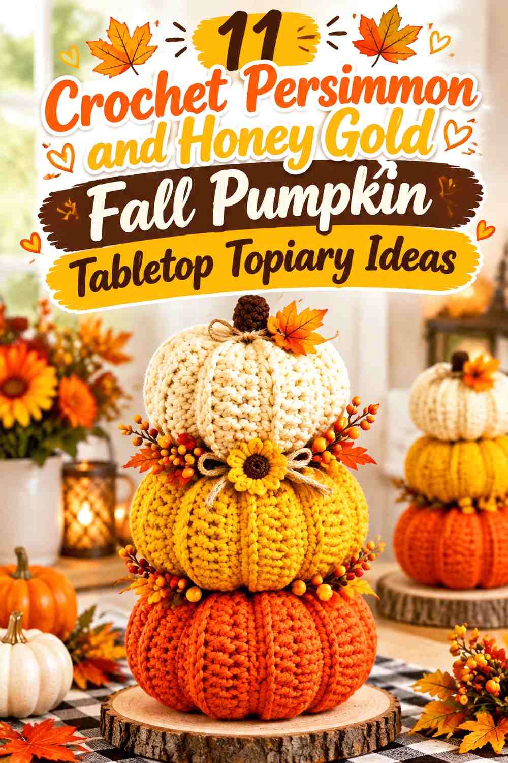 Crochet Persimmon and Honey Gold Fall Pumpkin Tabletop Topiary Ideas