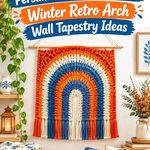 Crochet Persimmon and Slate Blue Winter Retro Arch Wall Tapestry Ideas