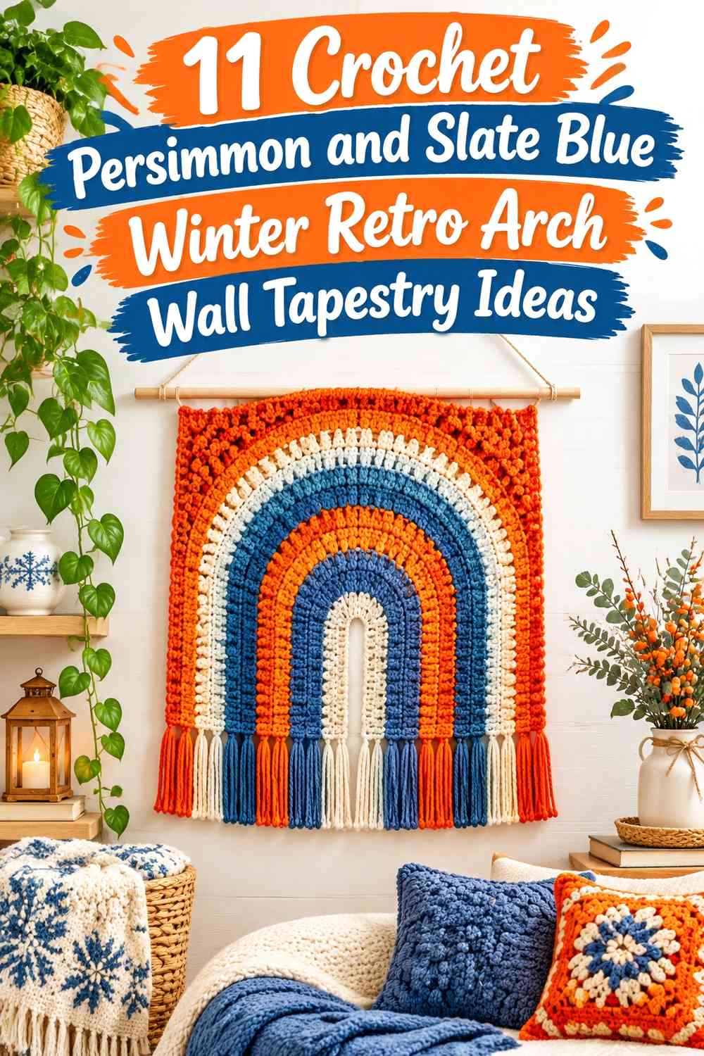 Crochet Persimmon and Slate Blue Winter Retro Arch Wall Tapestry Ideas