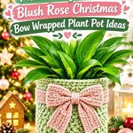 Crochet Pistachio Green and Blush Rose Christmas Bow Wrapped Plant Pot Ideas