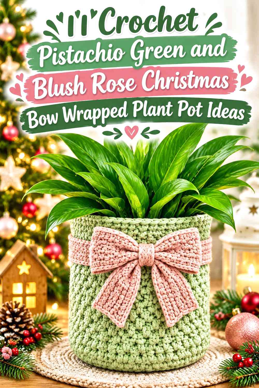 Crochet Pistachio Green and Blush Rose Christmas Bow Wrapped Plant Pot Ideas