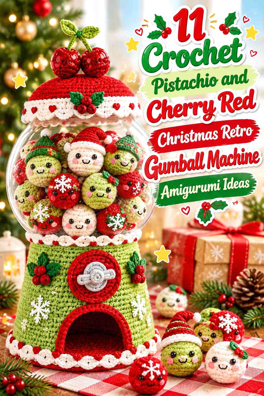 Pistachio and Cherry Red Crochet Christmas Retro Gumball Machine Amigurumi Ideas