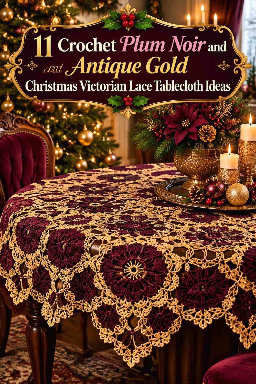 Crochet Plum Noir and Antique Gold Christmas Victorian Lace Tablecloth Ideas