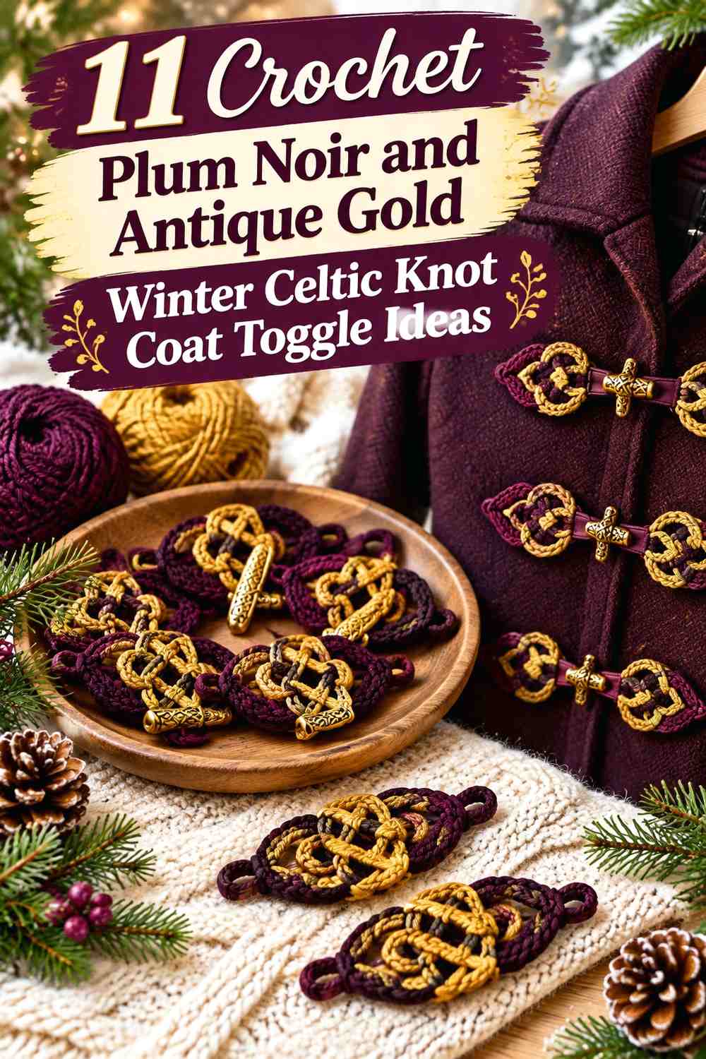 Plum Noir and Antique Gold Crochet Winter Celtic Knot Coat Toggle Ideas