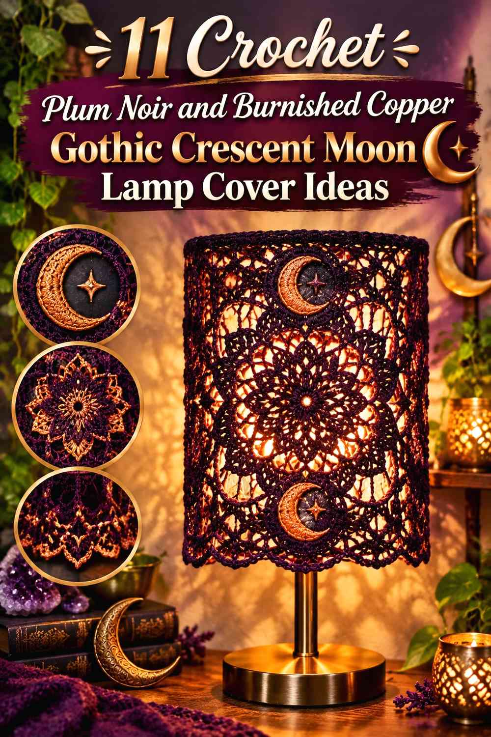 Crochet Plum Noir and Burnished Copper Gothic Crescent Moon Lamp Cover Ideas