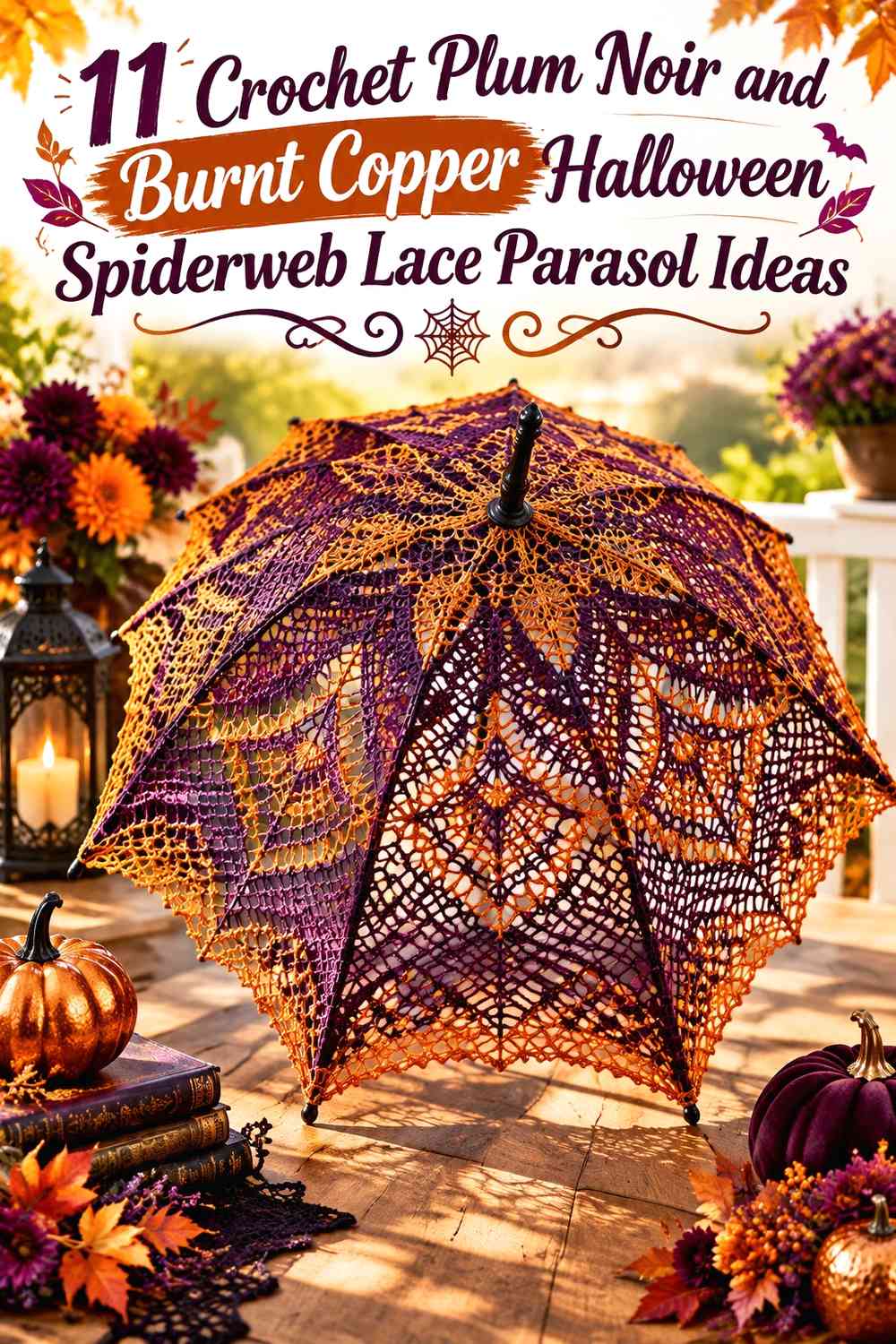 Crochet Plum Noir and Burnt Copper Halloween Spiderweb Lace Parasol Ideas