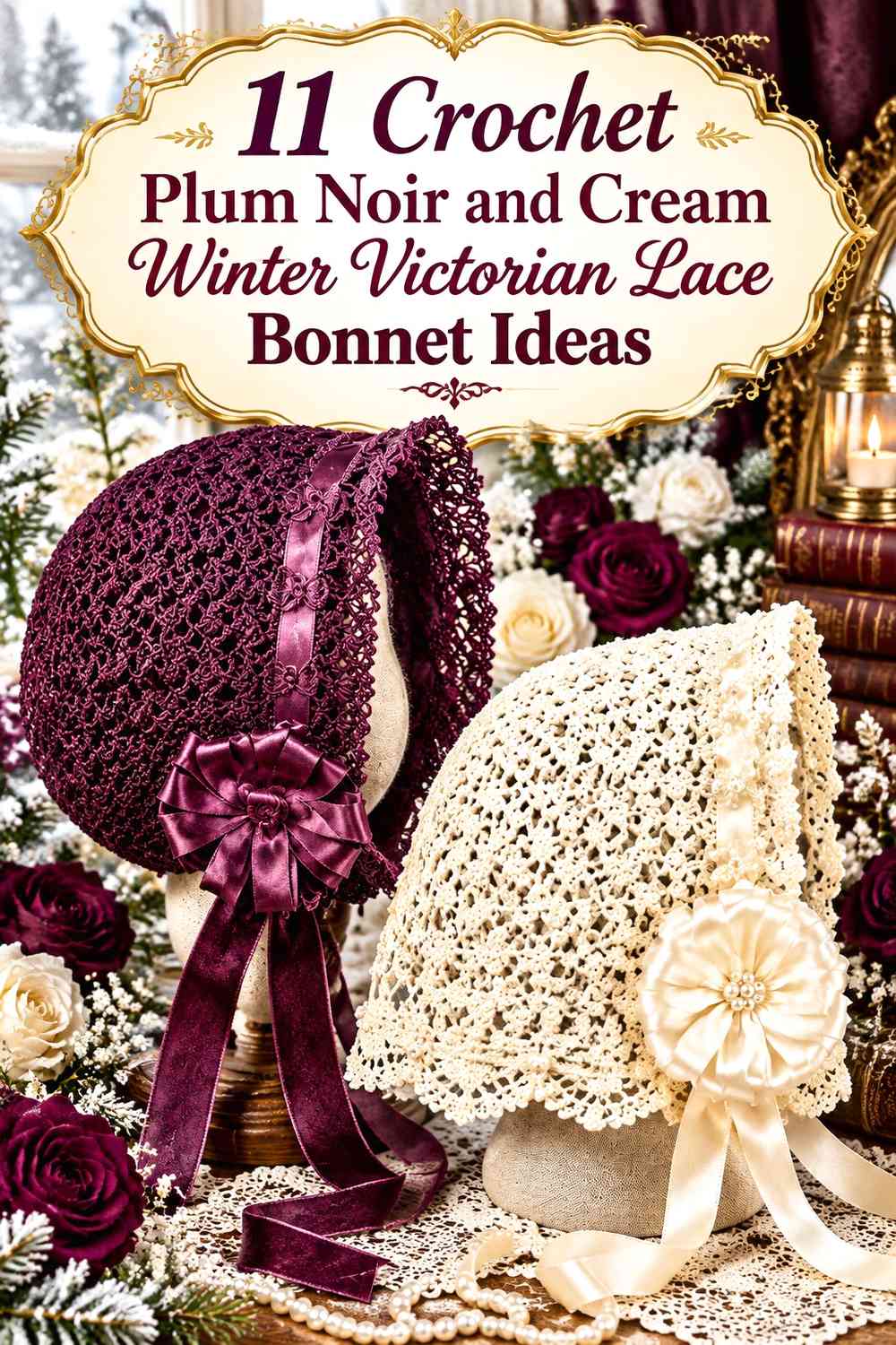 Crochet Plum Noir and Cream Winter Victorian Lace Bonnet Ideas