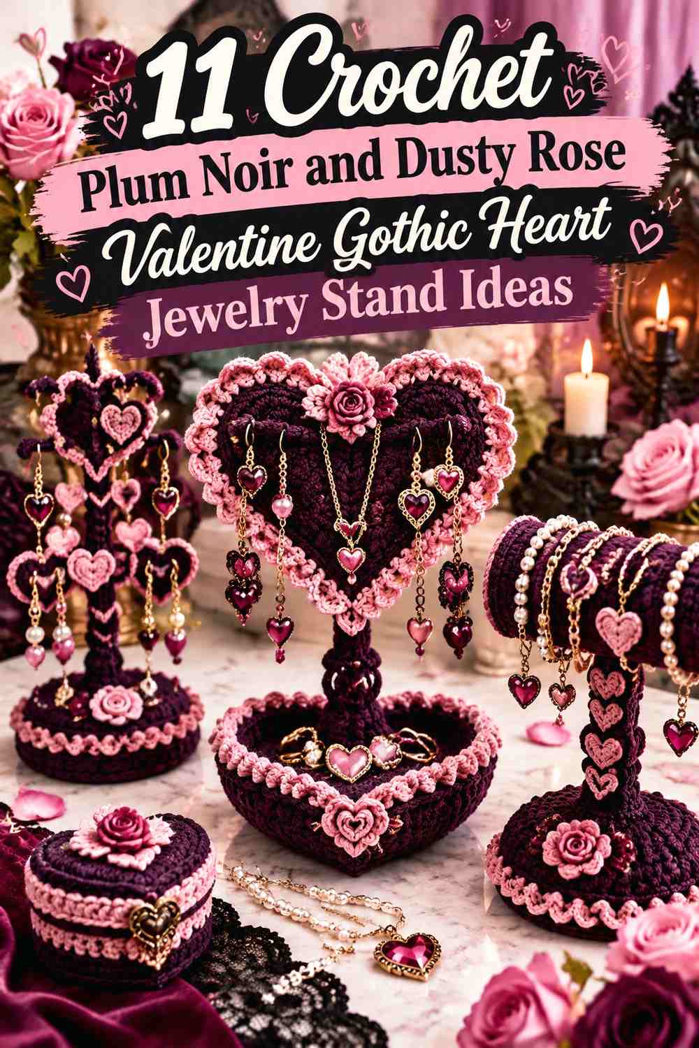 Dusty Rose Crochet Heart Pocket Jewelry Stand With Plum Noir Edging