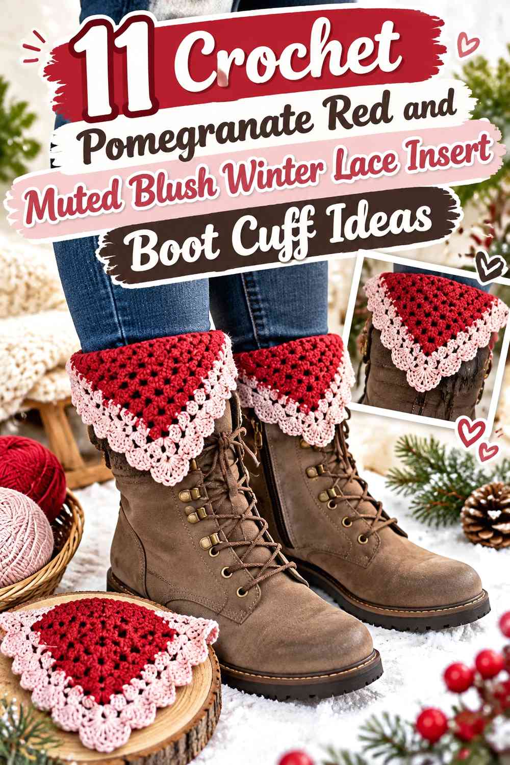 Crochet Pomegranate Red and Muted Blush Winter Lace Insert Boot Cuff Ideas
