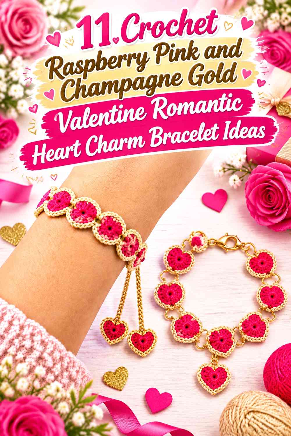Crochet Raspberry Pink and Champagne Gold Valentine Romantic Heart Charm Bracelet Ideas