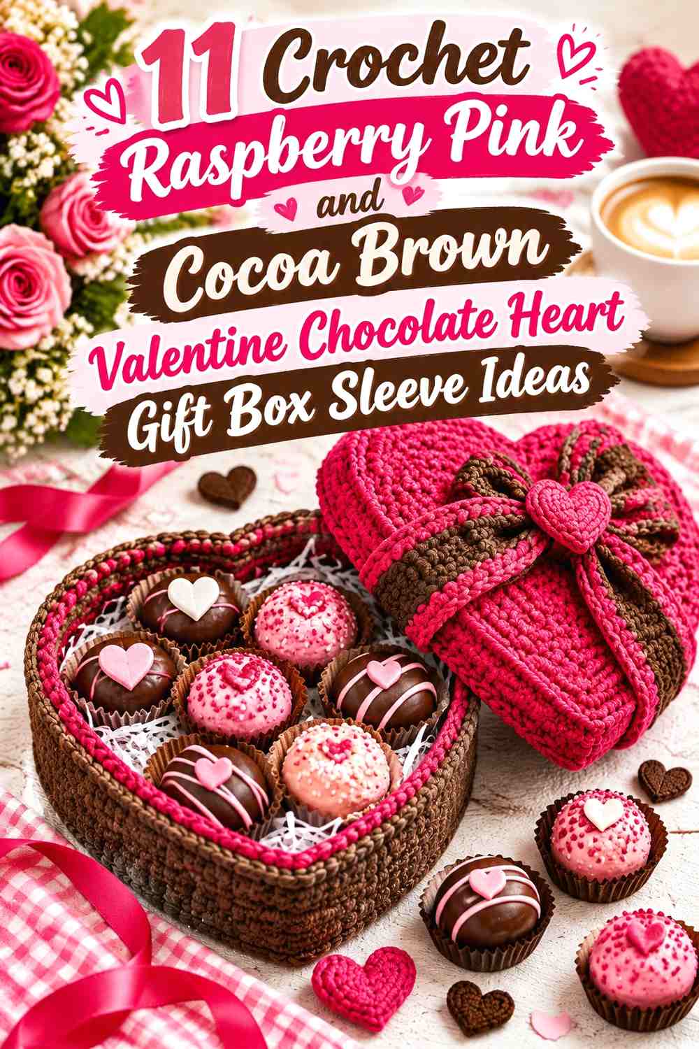 Cocoa Brown Box Cover with Raspberry Pink Crochet Heart Appliqué