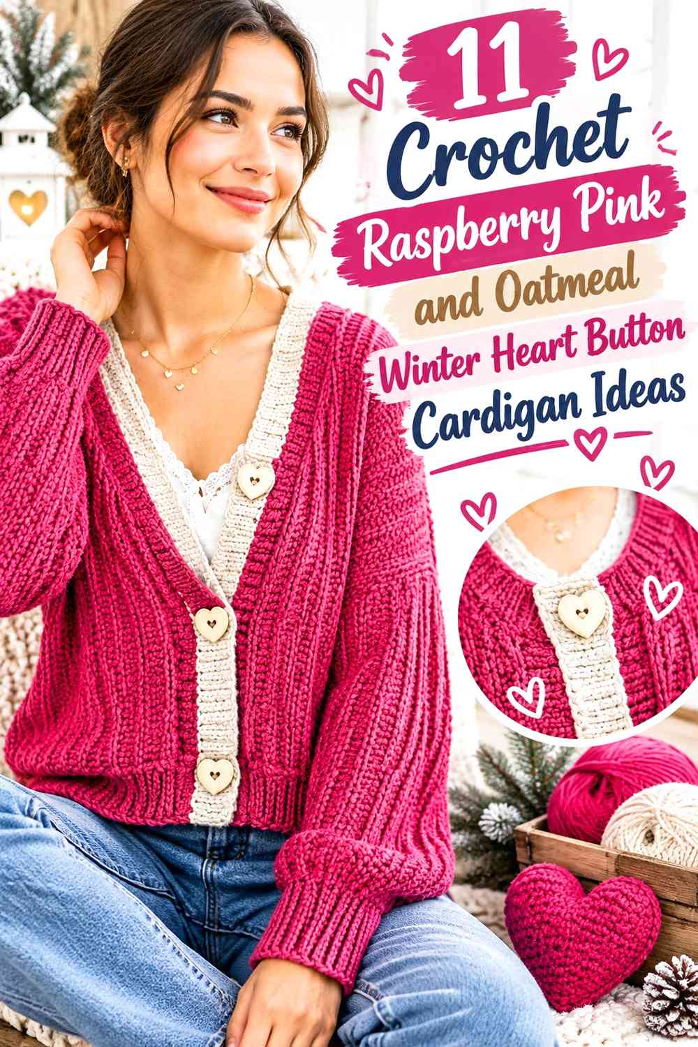 Crochet Raspberry Pink and Oatmeal Winter Heart Button Cardigan Ideas