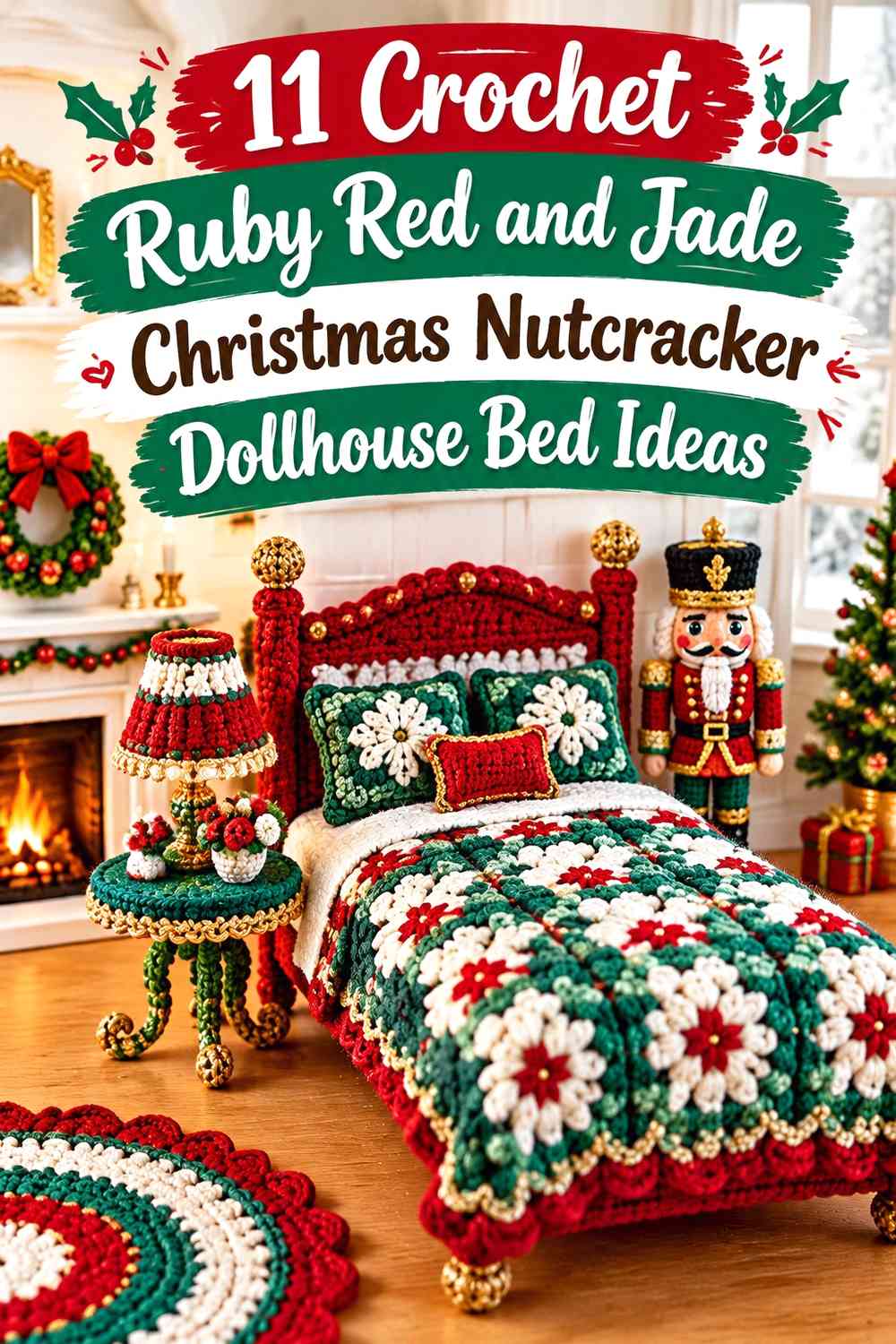 Crochet Ruby Red and Jade Christmas Nutcracker Dollhouse Bed Ideas