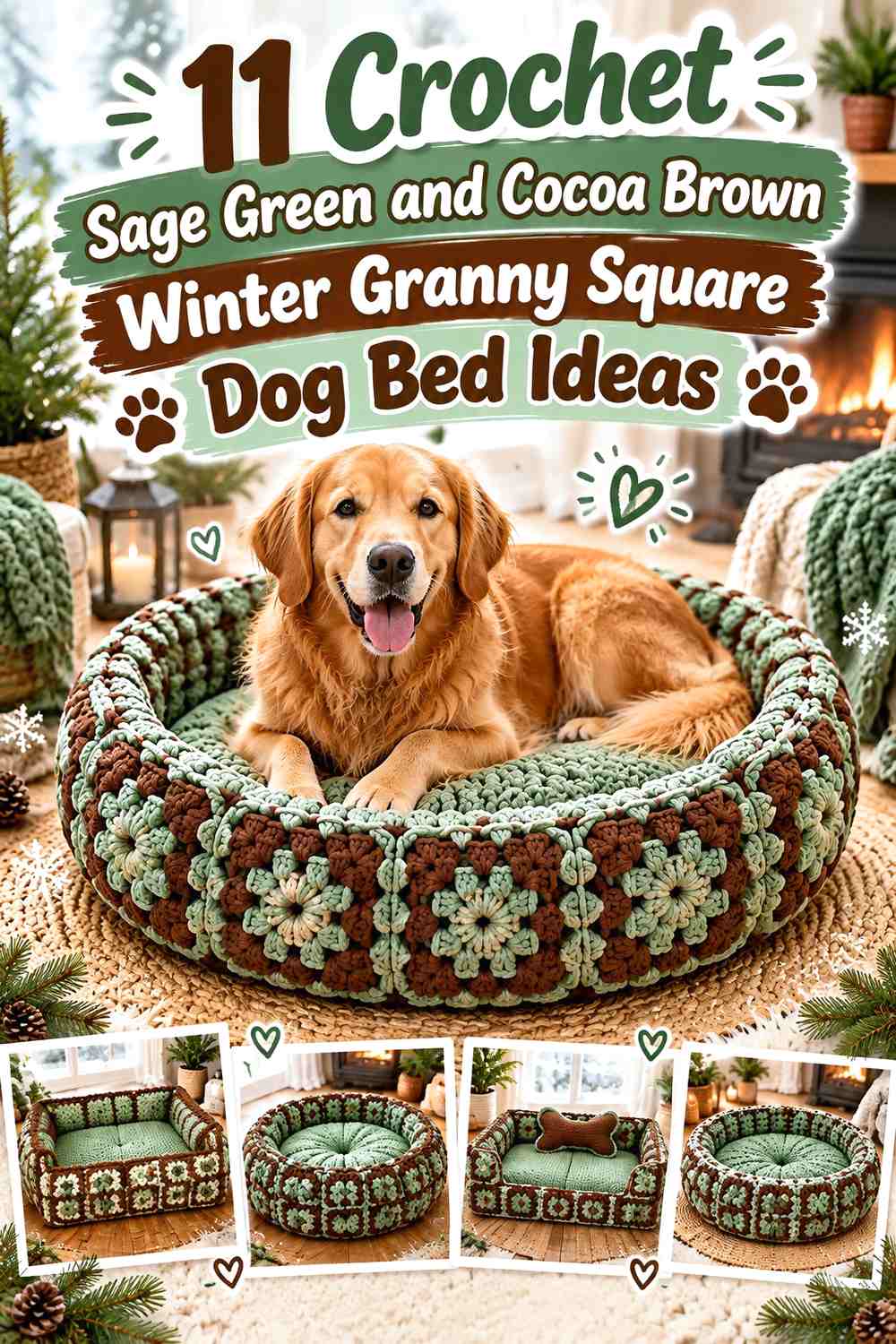 Sage Green and Cocoa Brown Crochet Winter Granny Square Dog Bed Ideas
