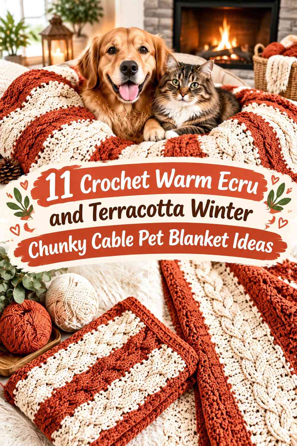 Crochet Warm Ecru and Terracotta Winter Chunky Cable Pet Blanket Ideas