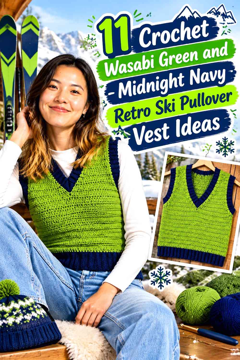 Crochet Wasabi Green and Midnight Navy Retro Ski Pullover Vest Ideas