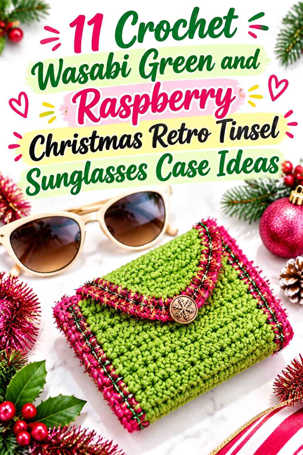 Crochet Wasabi Green and Raspberry Christmas Retro Tinsel Sunglasses Case Ideas