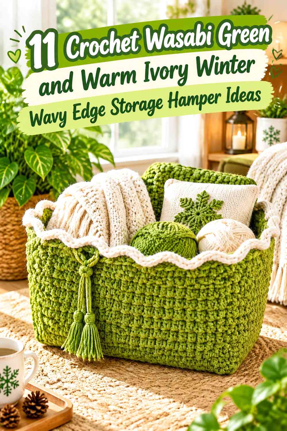 Crochet Wasabi Green and Warm Ivory Winter Wavy Edge Storage Hamper Ideas