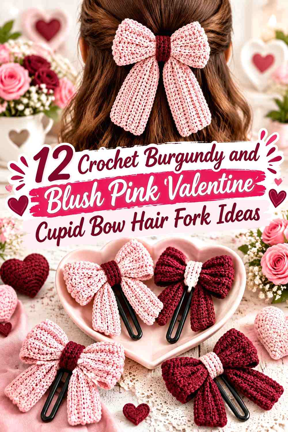 Crochet Burgundy and Blush Pink Valentine Cupid Bow Hair Fork Ideas