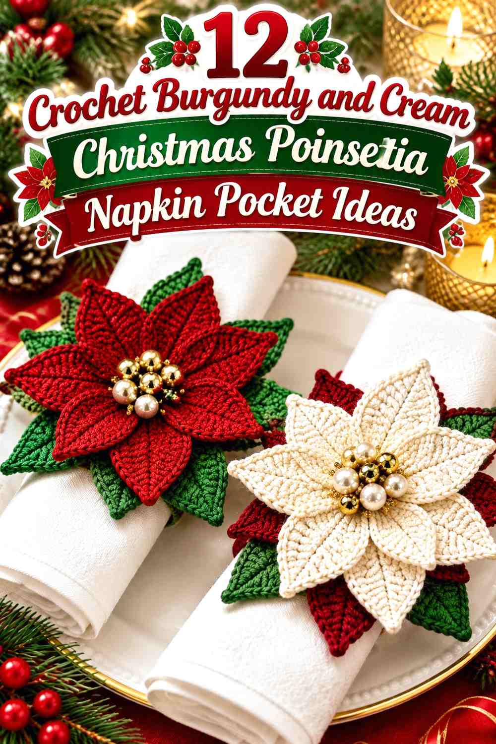 Burgundy and Cream Crochet Christmas Poinsettia Napkin Pocket Ideas