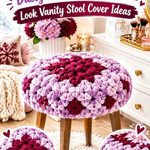 Crochet Burgundy and Dusty Lilac Winter Quilted Look Vanity Stool Cover Ideas