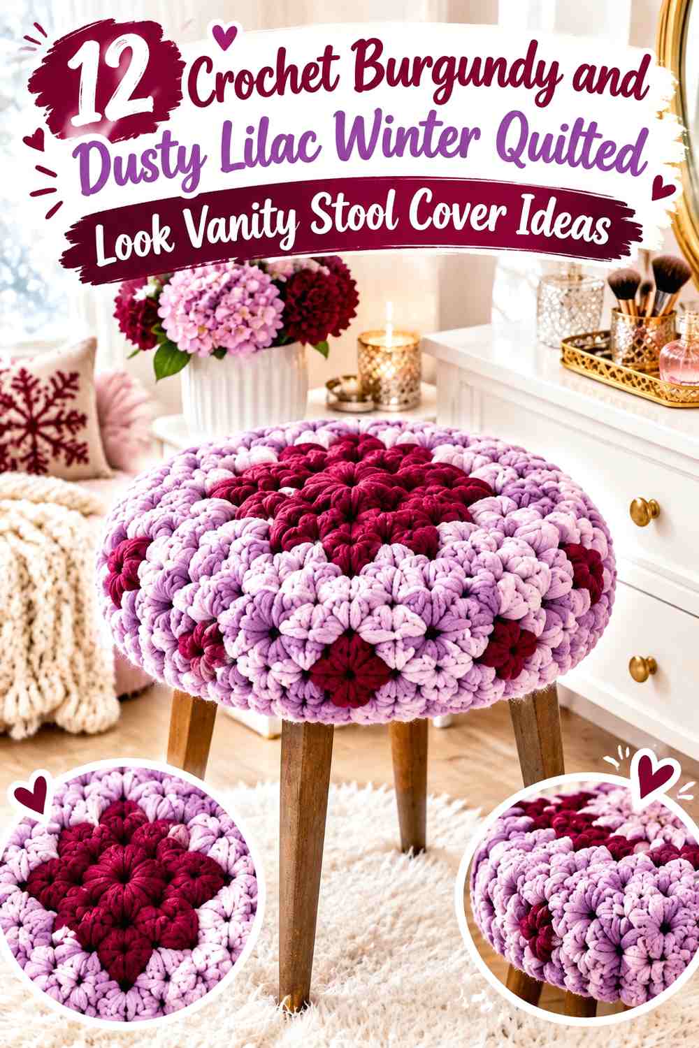 Crochet Burgundy and Dusty Lilac Winter Quilted Look Vanity Stool Cover Ideas