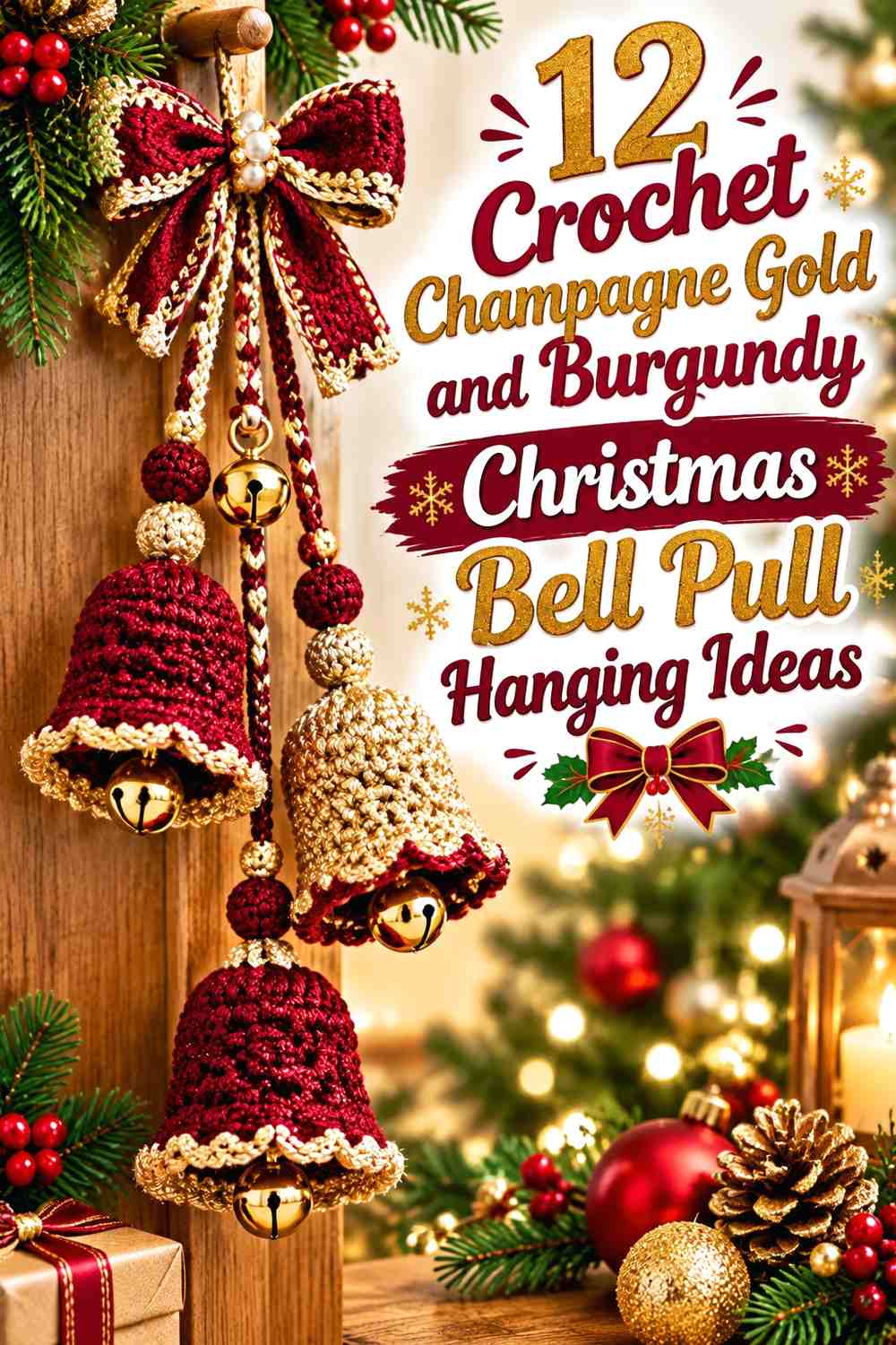 Crochet Champagne Gold and Burgundy Christmas Bell Pull Hanging Ideas