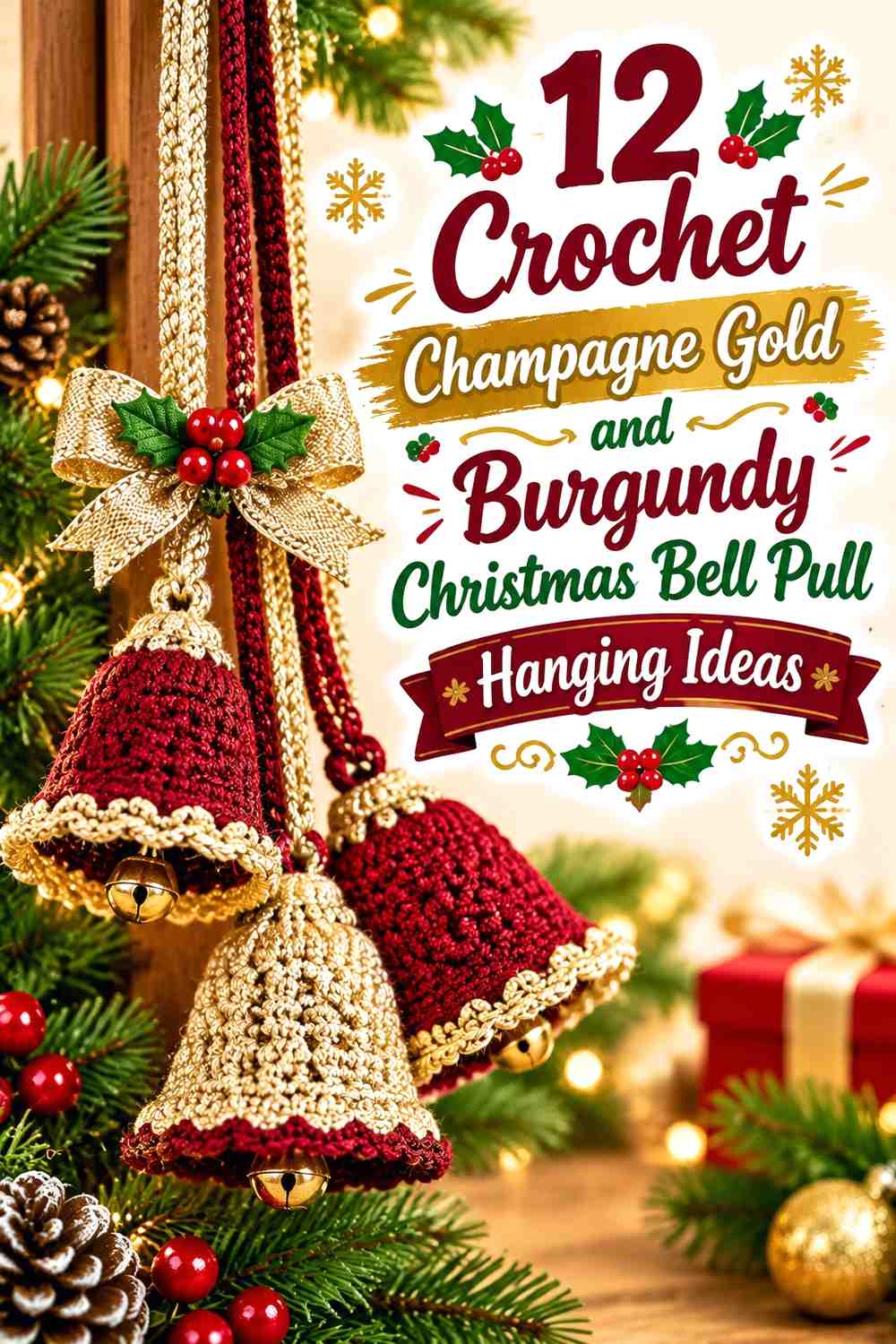 Crochet Champagne Gold and Burgundy Christmas Bell Pull Hanging Ideas