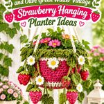 Crochet Cherry Pink and Olive Green Winter Vintage Strawberry Hanging Planter Ideas