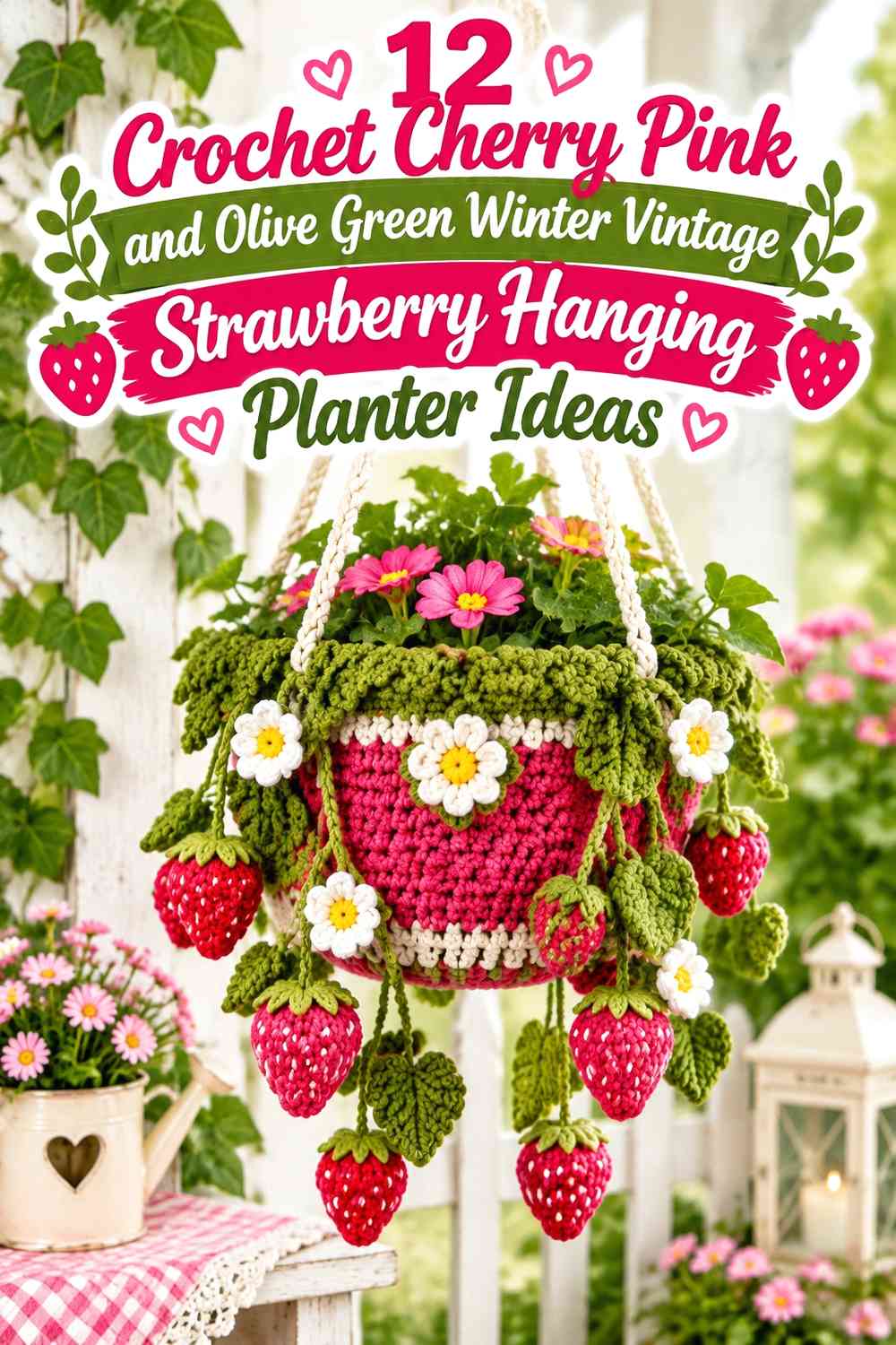 Crochet Cherry Pink and Olive Green Winter Vintage Strawberry Hanging Planter Ideas