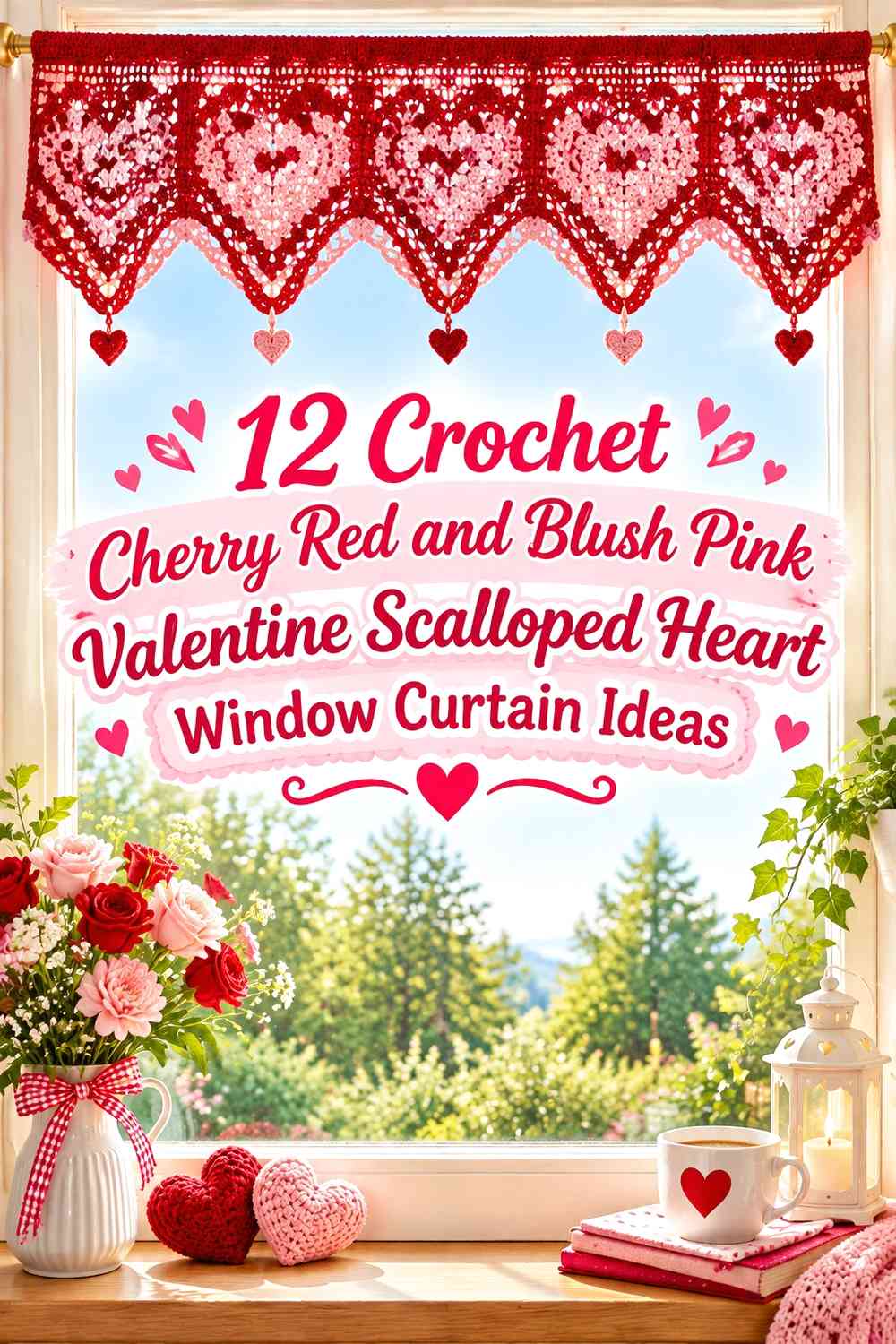 Crochet Cherry Red and Blush Pink Valentine Scalloped Heart Window Curtain Ideas