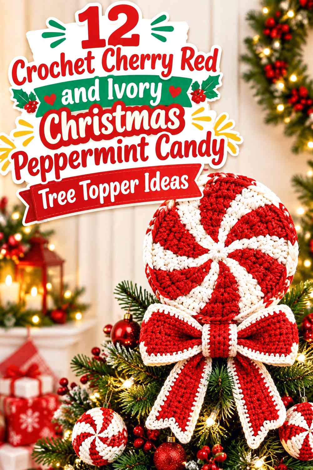 Crochet Cherry Red and Ivory Christmas Peppermint Candy Tree Topper Ideas