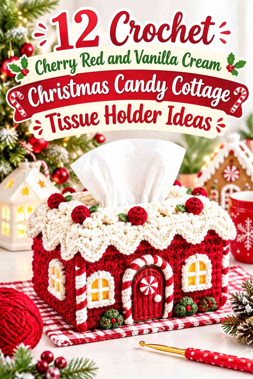 Crochet Cherry Red and Vanilla Cream Christmas Candy Cottage Tissue Holder Ideas