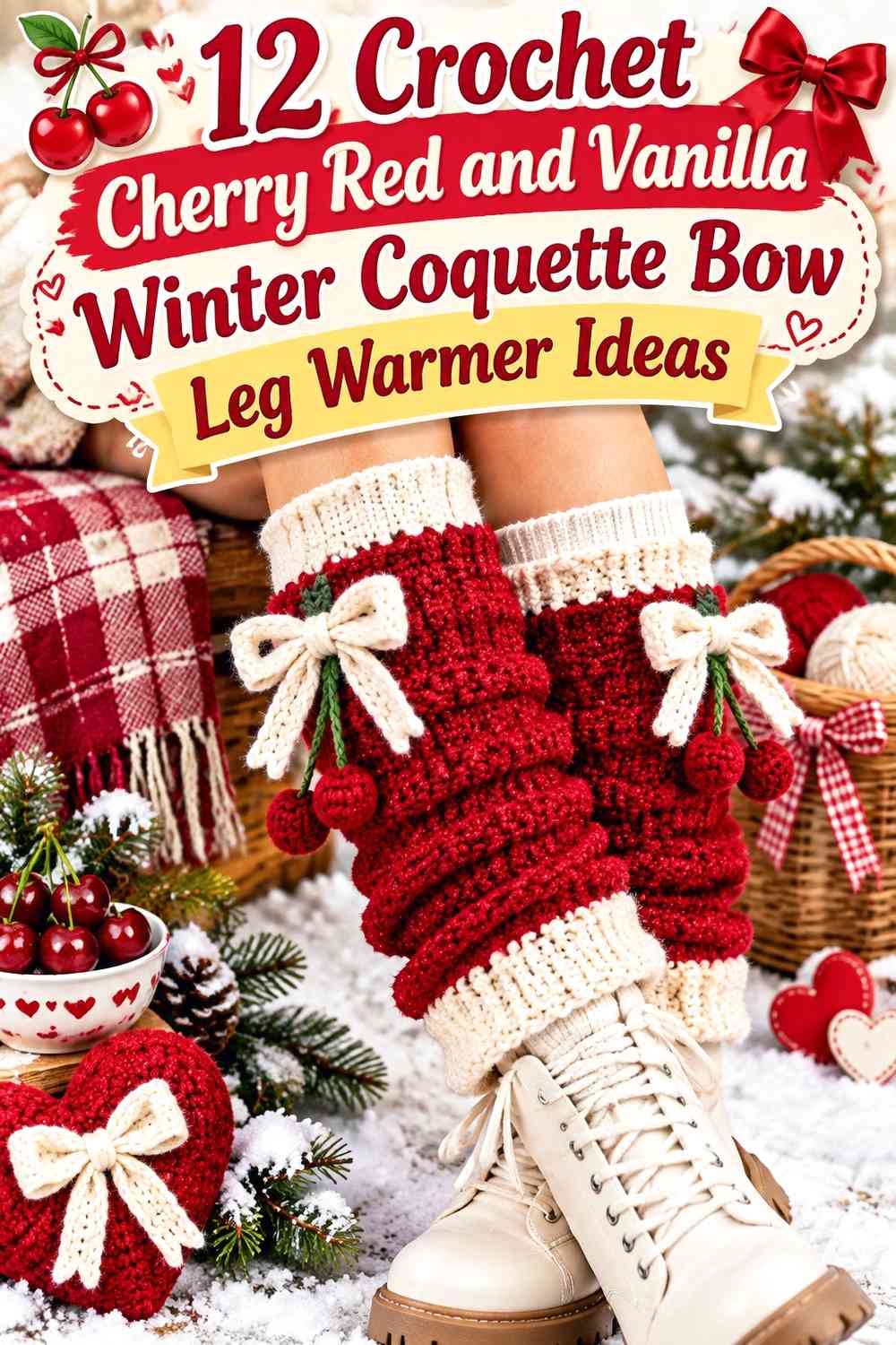 Crochet Cherry Red and Vanilla Winter Coquette Bow Leg Warmer Ideas