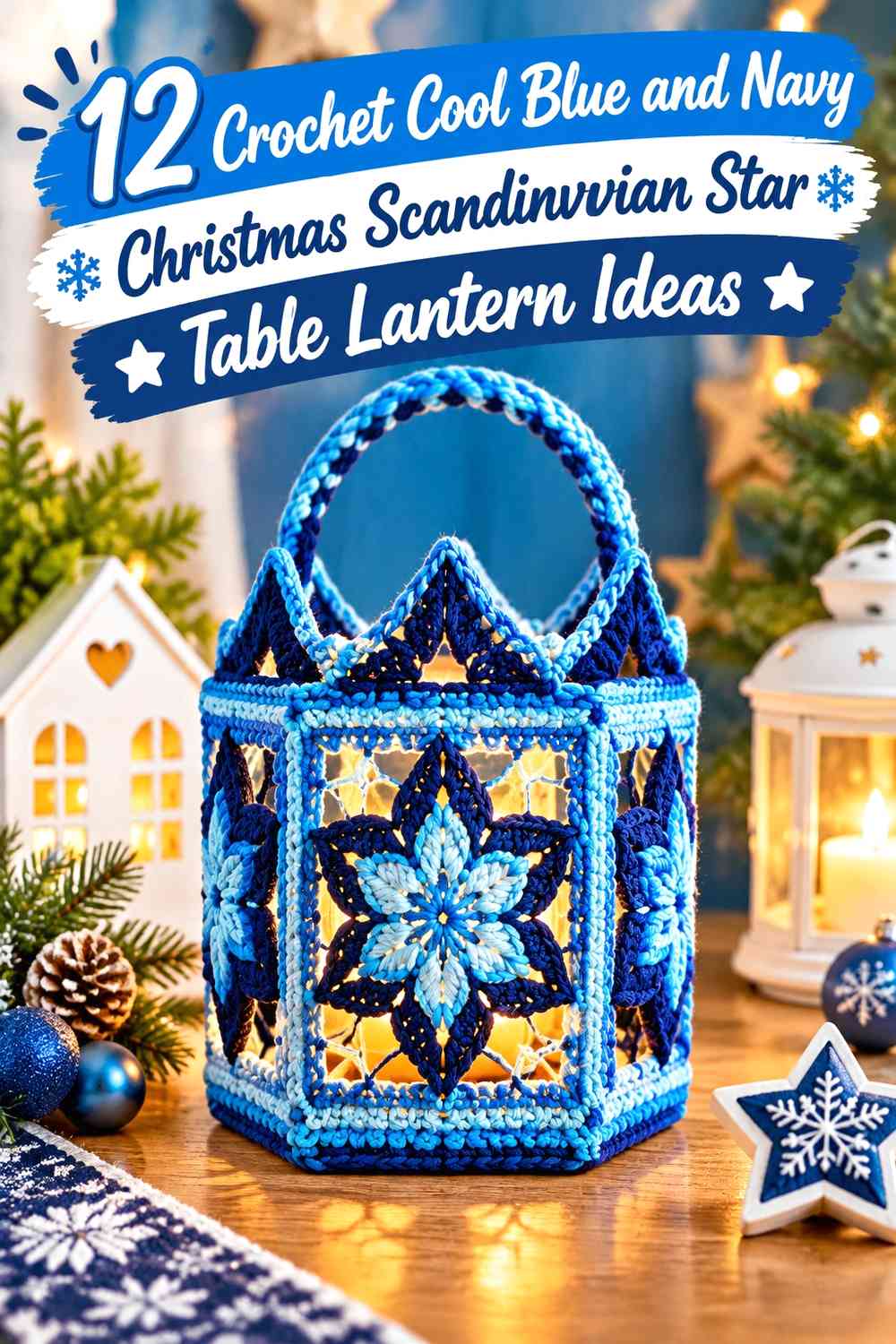 Crochet Cool Blue and Navy Christmas Scandinavian Star Table Lantern Ideas