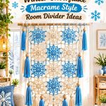 Crochet Cool Blue and Soft Beige Winter Snowflake Macrame Style Room Divider Ideas