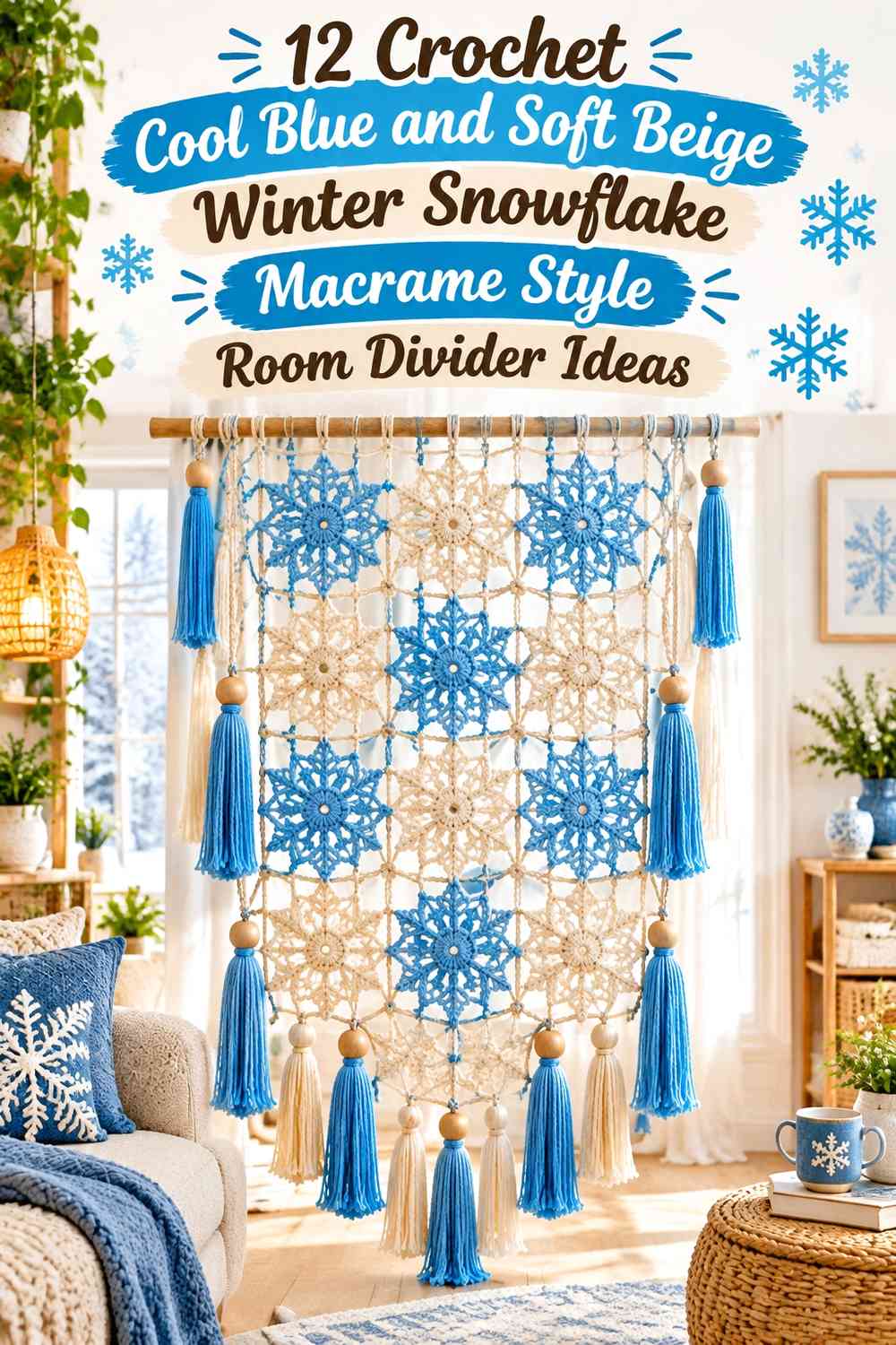Crochet Cool Blue and Soft Beige Winter Snowflake Macrame Style Room Divider Ideas