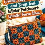 Crochet Copper Orange and Deep Teal Winter Patchwork Wristlet Purse Ideas