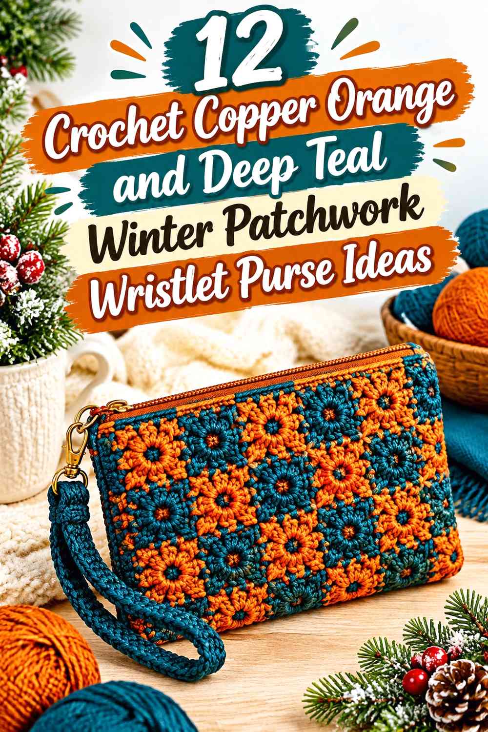 Crochet Copper Orange and Deep Teal Winter Patchwork Wristlet Purse Ideas