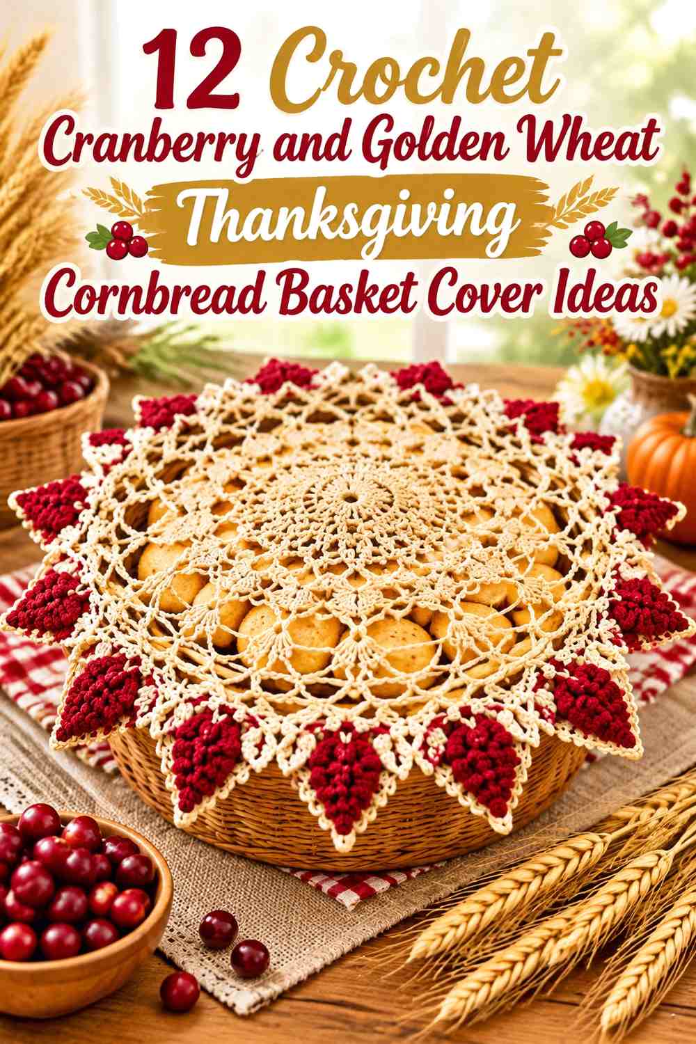 Crochet Cranberry and Golden Wheat Thanksgiving Cornbread Basket Cover Ideas
